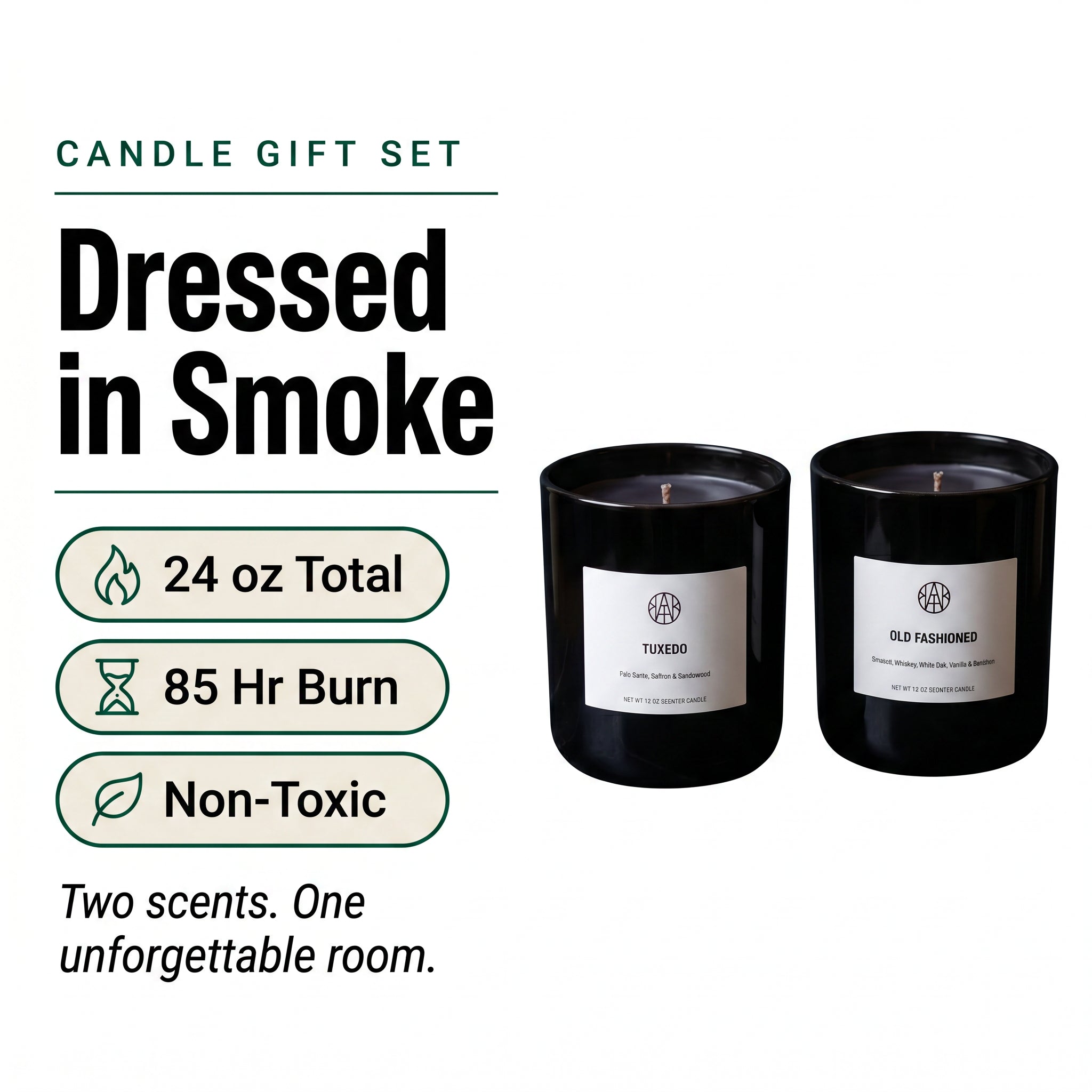 Father's Day Candle Set — Old Fashioned & Tuxedo — Hero Overview — Dressed in Smoke — 24 oz Duo Gift Set