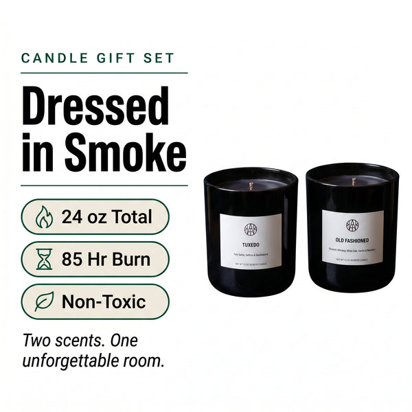 AEMBR Father's Day candle set featuring Old Fashioned and Tuxedo candles in elegant glass holders on a wooden surface.