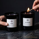 Father's Day Candle Set — In-Use Lifestyle — Lighting the Old Fashioned & Tuxedo candles on dark marble