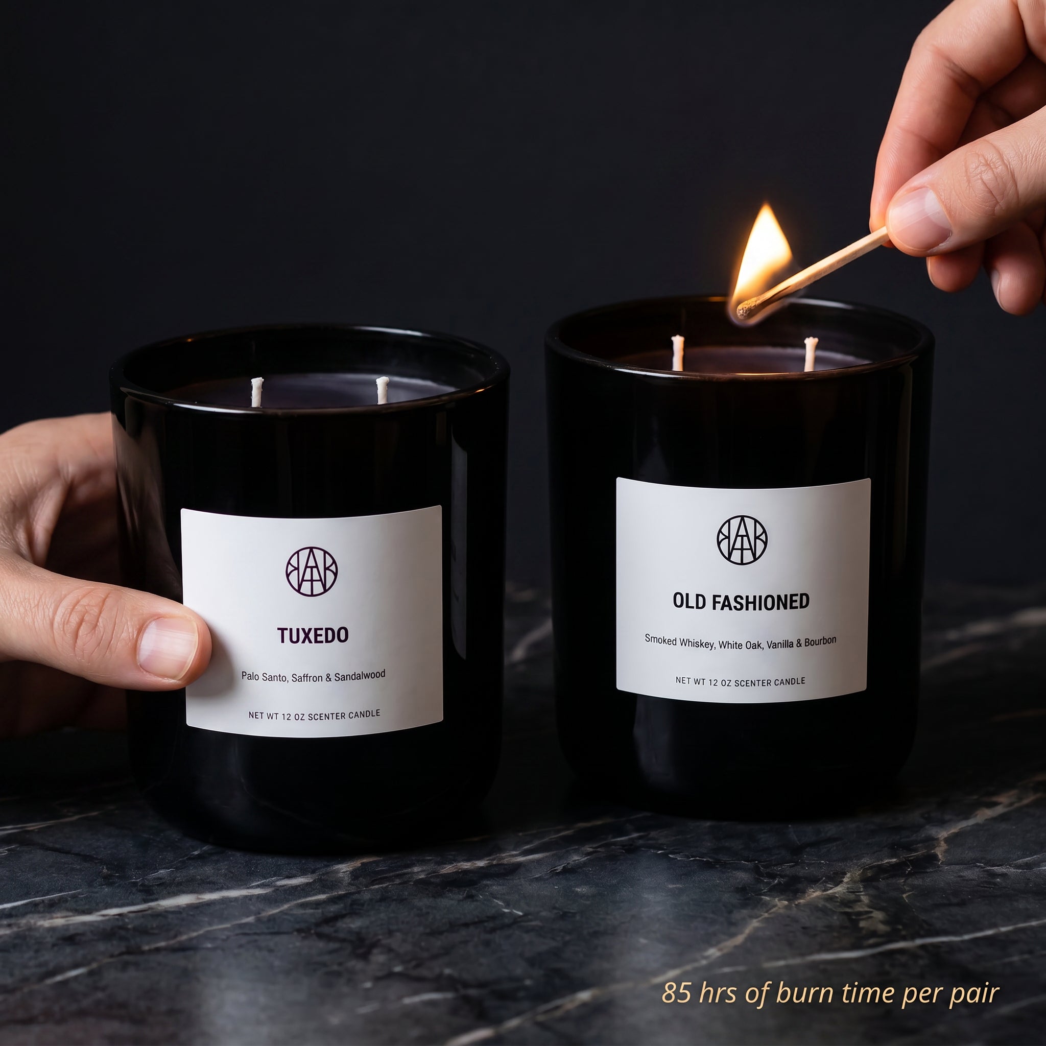 Father's Day Candle Set — In-Use Lifestyle — Lighting the Old Fashioned & Tuxedo candles on dark marble