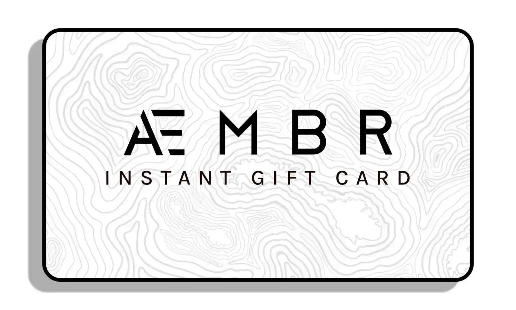 AEMBR instant gift card with modern black logo on a white topographic pattern background.