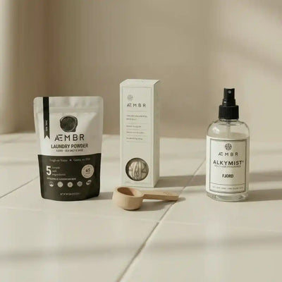 AEMBR Fjord Lovers Air & Laundry Care Bundle including laundry detergent and air freshener in a sleek, modern packaging.