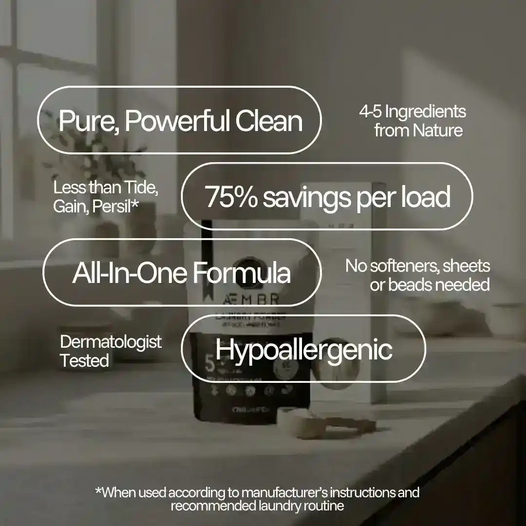 AEMBR laundry powder detergent in a bundle, featuring scent sampler packs with images of powder and packaging details.