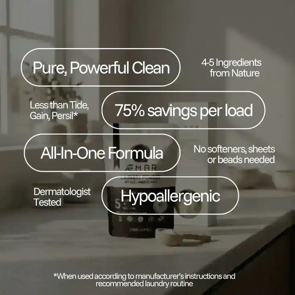 AEMBR laundry powder detergent in a bundle, featuring scent sampler packs with images of powder and packaging details.
