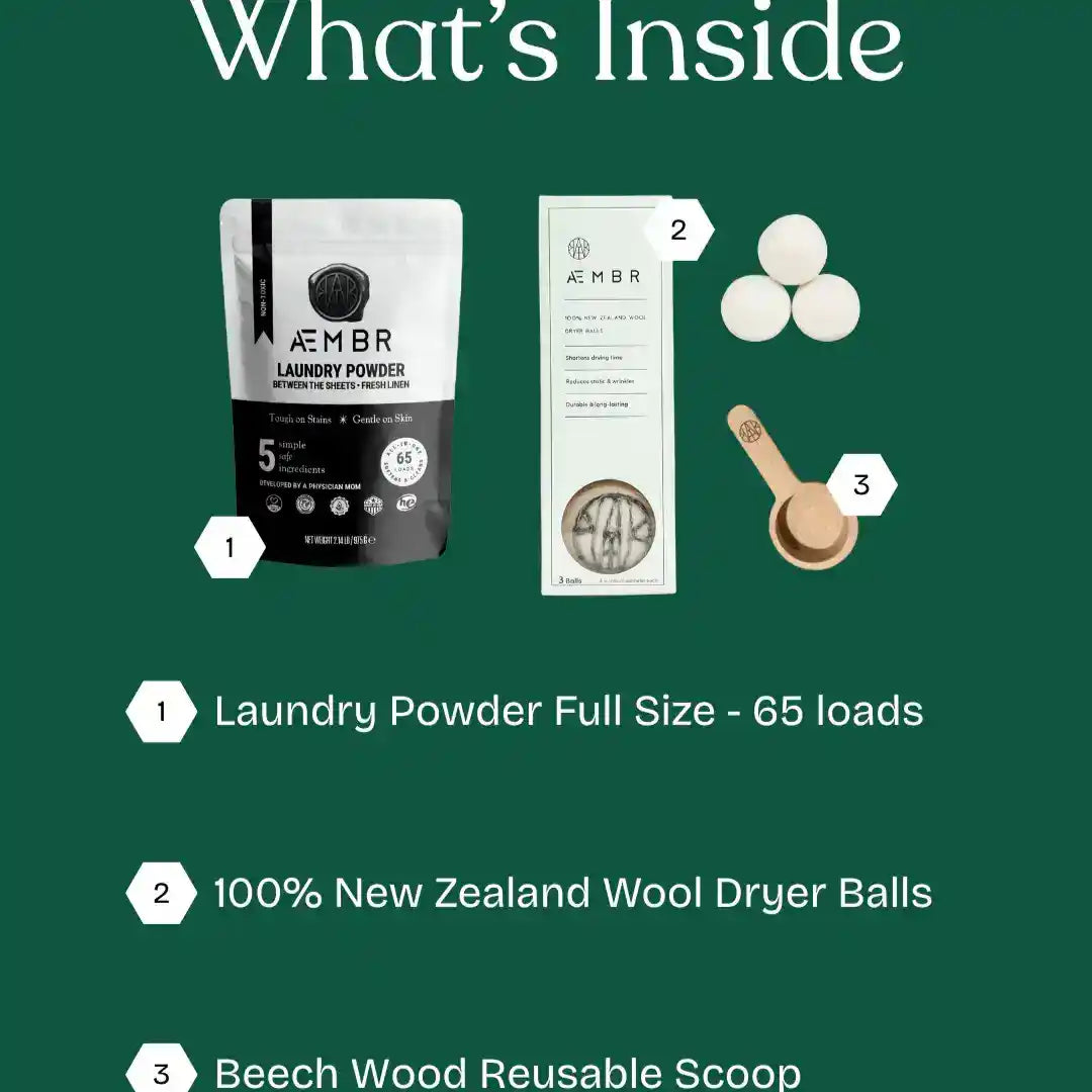 Non-toxic laundry detergent powder, New Zealand wool dryer balls, and beech wood scoop set.