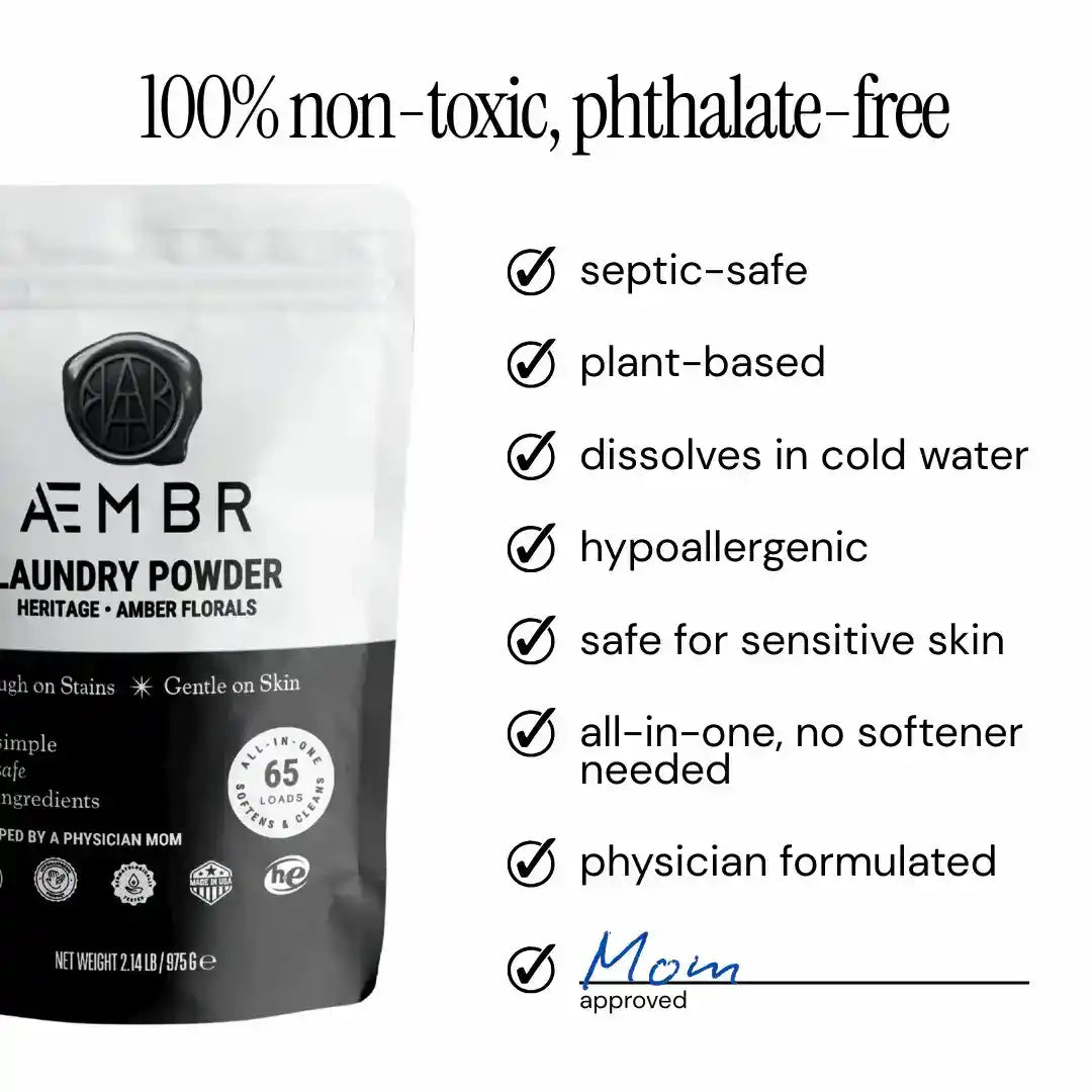 AEMBR non-toxic laundry detergent powder bag, plant-based, hypoallergenic, phthalate-free benefits listed.