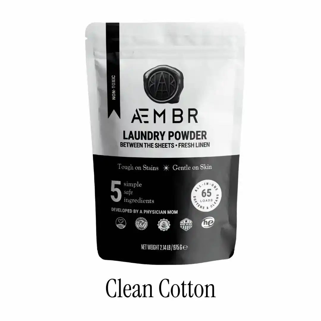 Non-toxic laundry detergent powder bag labeled 'Between the Sheets Clean Cotton', 65 loads.