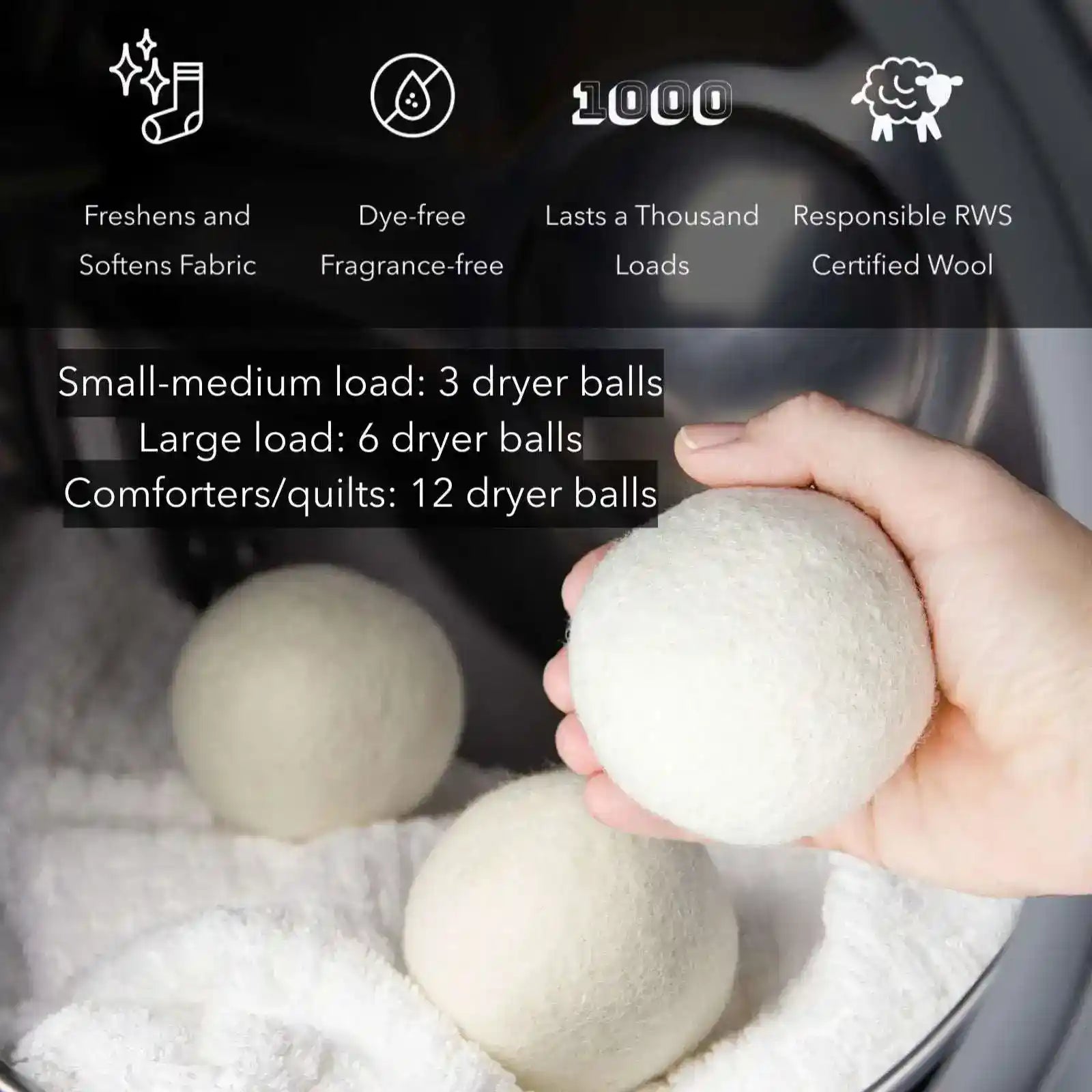 Non-toxic wool dryer balls in laundry machine, hand holding dryer ball for chemical-free laundry.