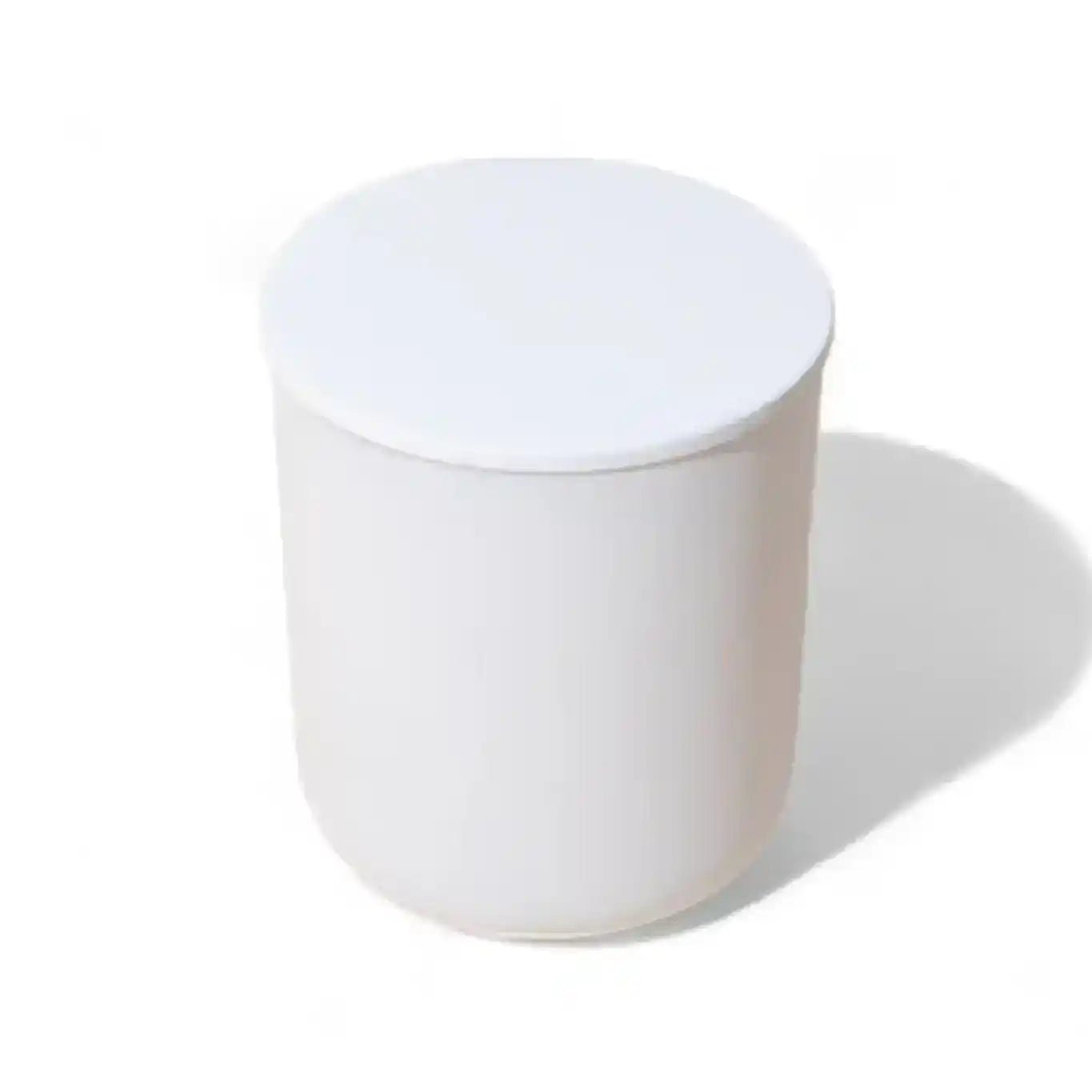 Glossy white Deluxe Candle Lid by AEMBR, showing a smooth, shiny surface designed for candle jars.