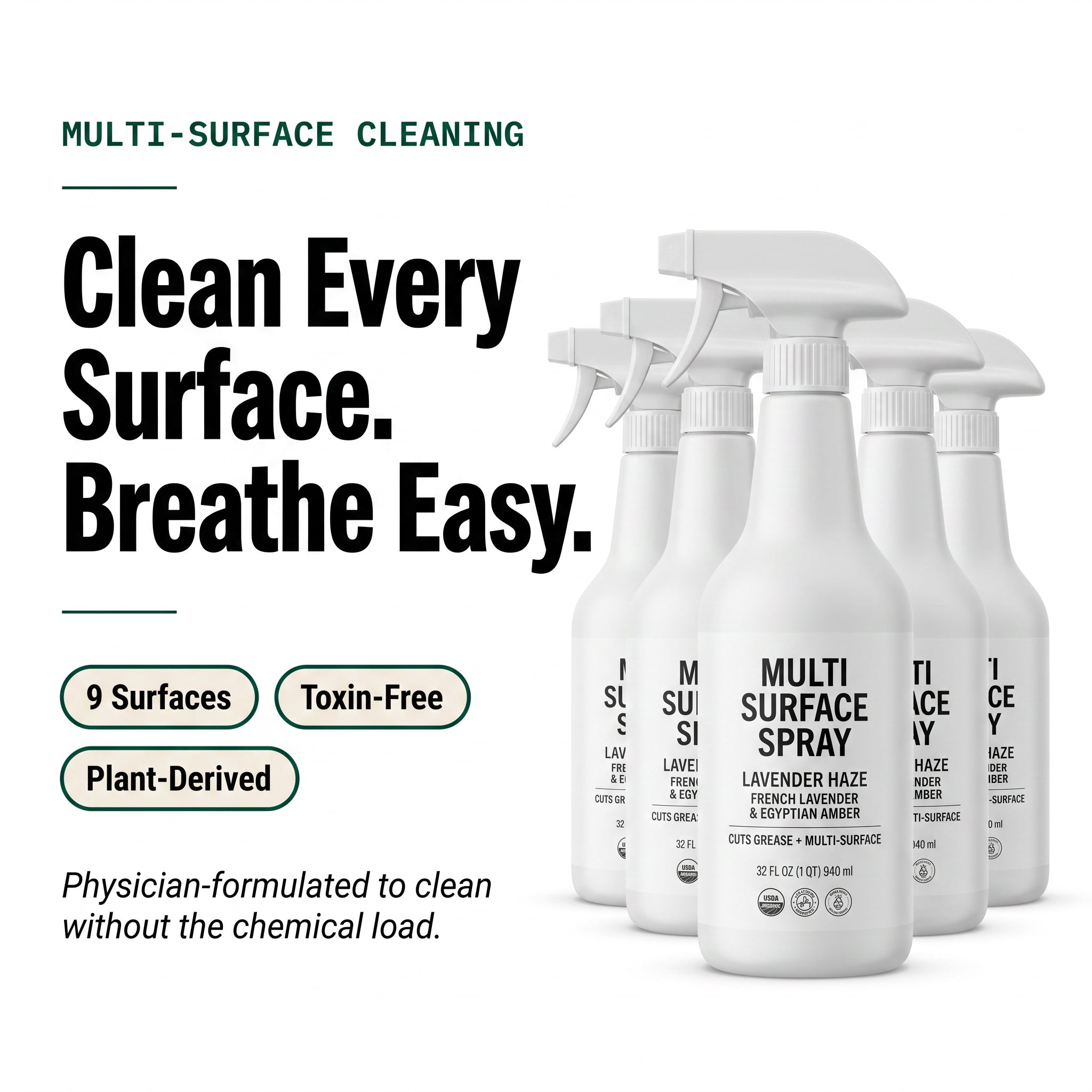 AEMBR Multi Surface Spray 6-pack with 32oz bottles, versatile cleaner for various surfaces in a home or office setting.