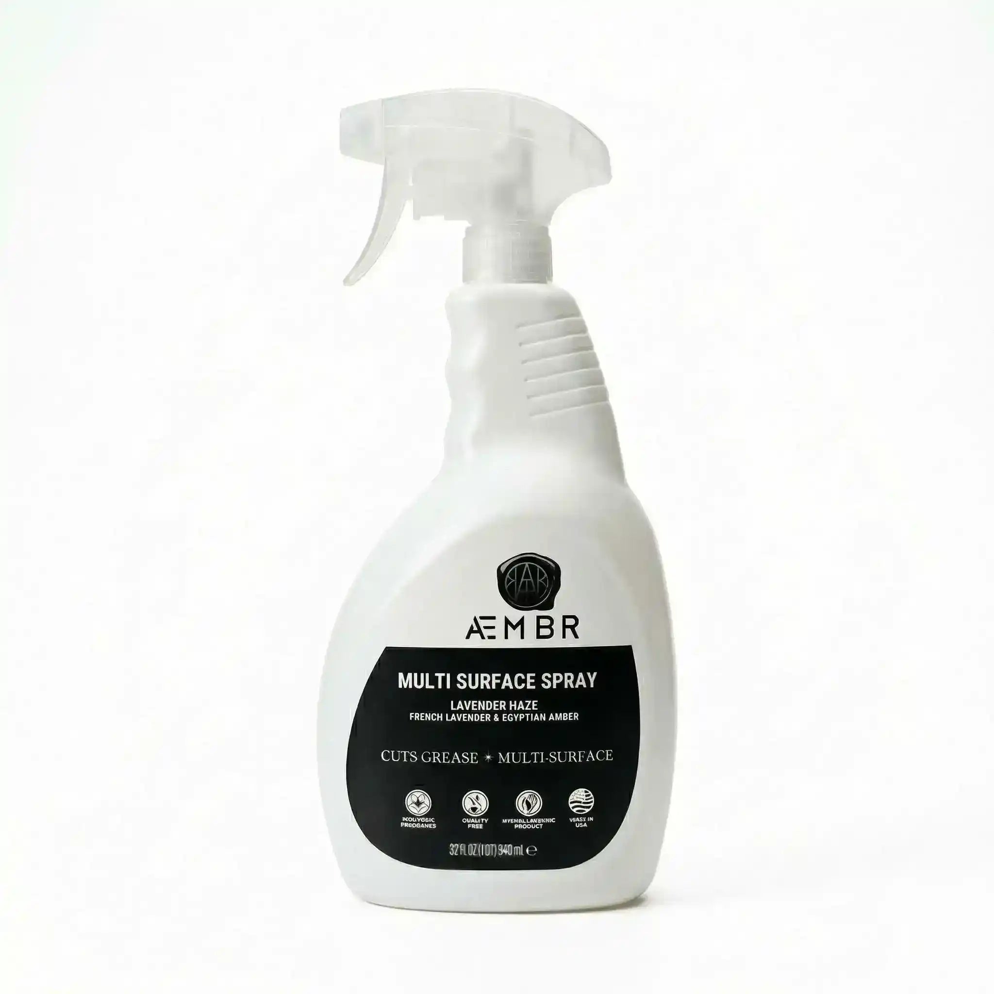 Non-toxic multi surface spray cleaner in white spray bottle, lavender scent, cuts grease.