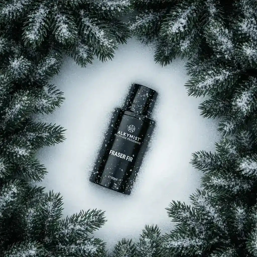 AEMBR ALKYMIST® Luxe Fraser Fir multi-use fragrance bottle with a sleek design and festive green label.