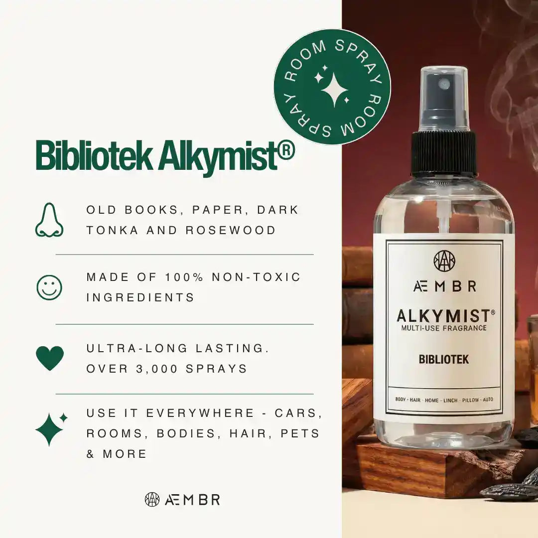 AEMBR Alkymist® Bibliotek multi-use room spray bottle with a sleek design and label, ideal for freshening indoor spaces.
