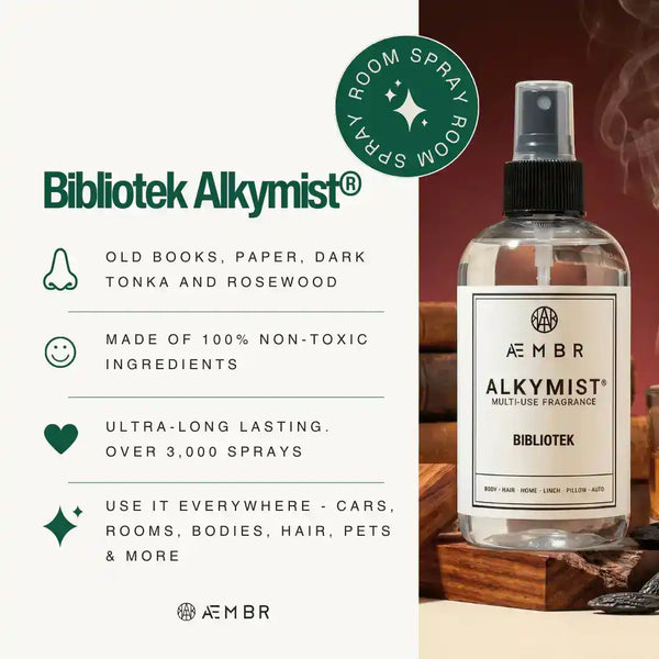AEMBR Alkymist® Bibliotek multi-use room spray bottle with a sleek design and label, ideal for freshening indoor spaces.