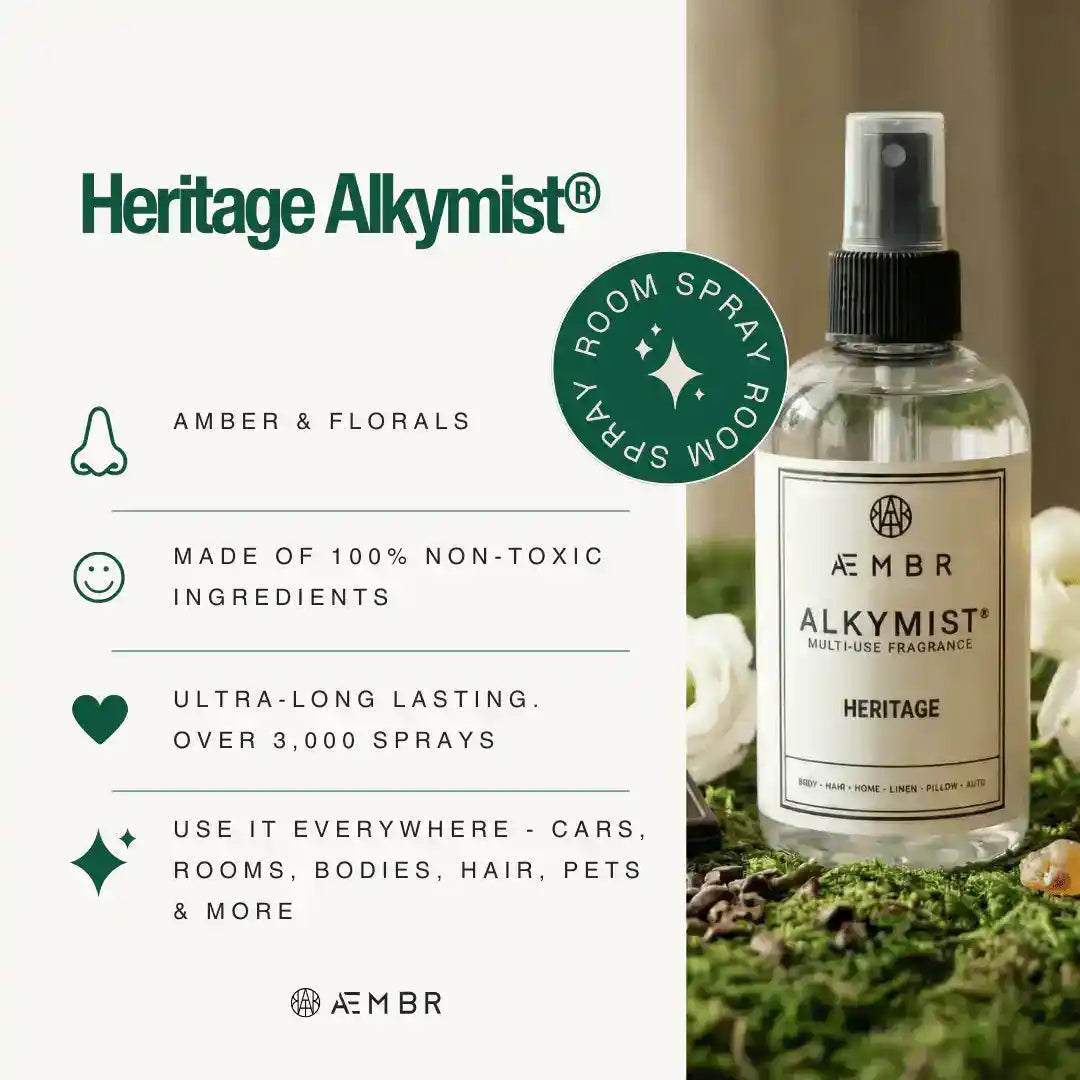AEMBR Alkymist® Heritage Room Spray, multi-use fragrance bottle with elegant design and label displaying heritage scent.