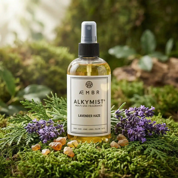 AEMBR Alkymist® Lavender Haze Room Spray bottle with a sleek design, showcasing the multi-use fragrance for home or space.