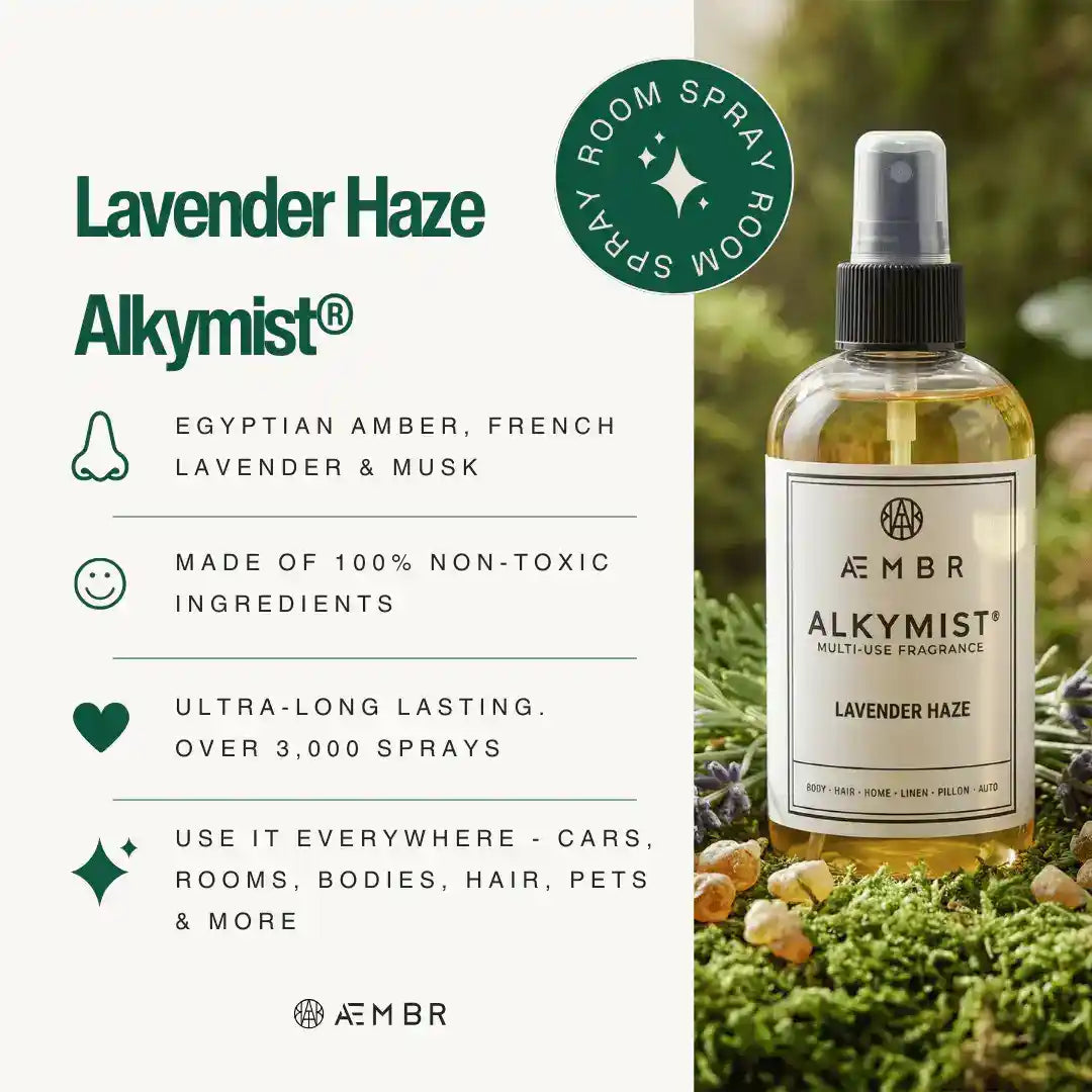 AEMBR Alkymist® Lavender Haze Room Spray bottle with a sleek design, showcasing the multi-use fragrance for freshening spaces.