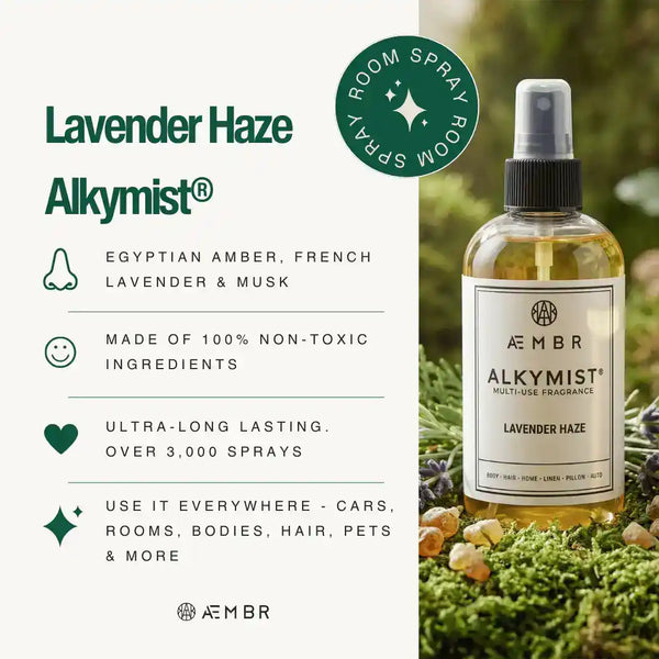 AEMBR Alkymist® Lavender Haze Room Spray bottle with a sleek design, showcasing the multi-use fragrance for freshening spaces.