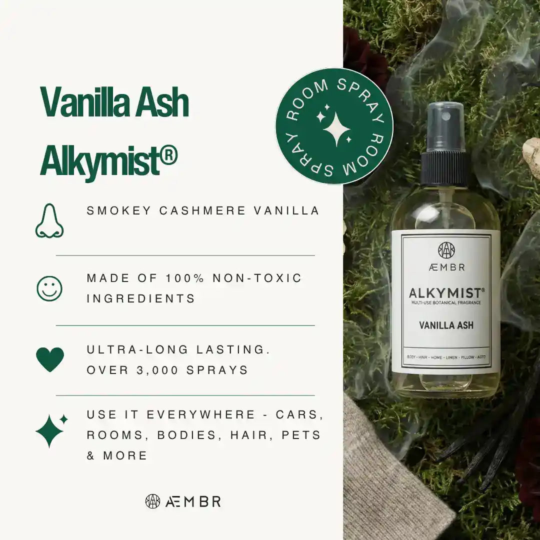 AEMBR Alkymist® Vanilla Ash Room Spray, multi-use fragrance bottle with vanilla and smoky scent, ready for home or space refreshment.