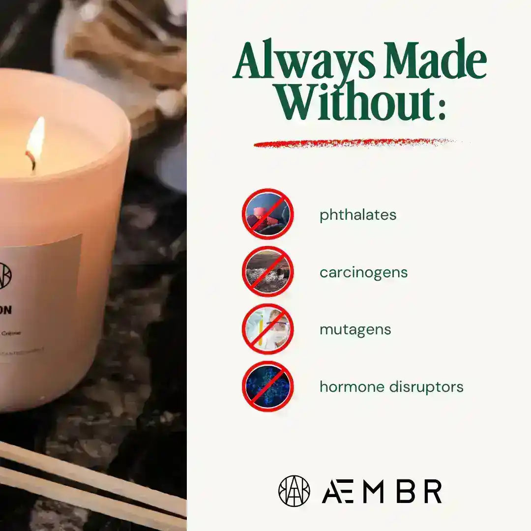 AEMBR The Manifest Candle with multi-use fragrance, featuring a sleek black and gold container, lit to showcase warm candle glow.