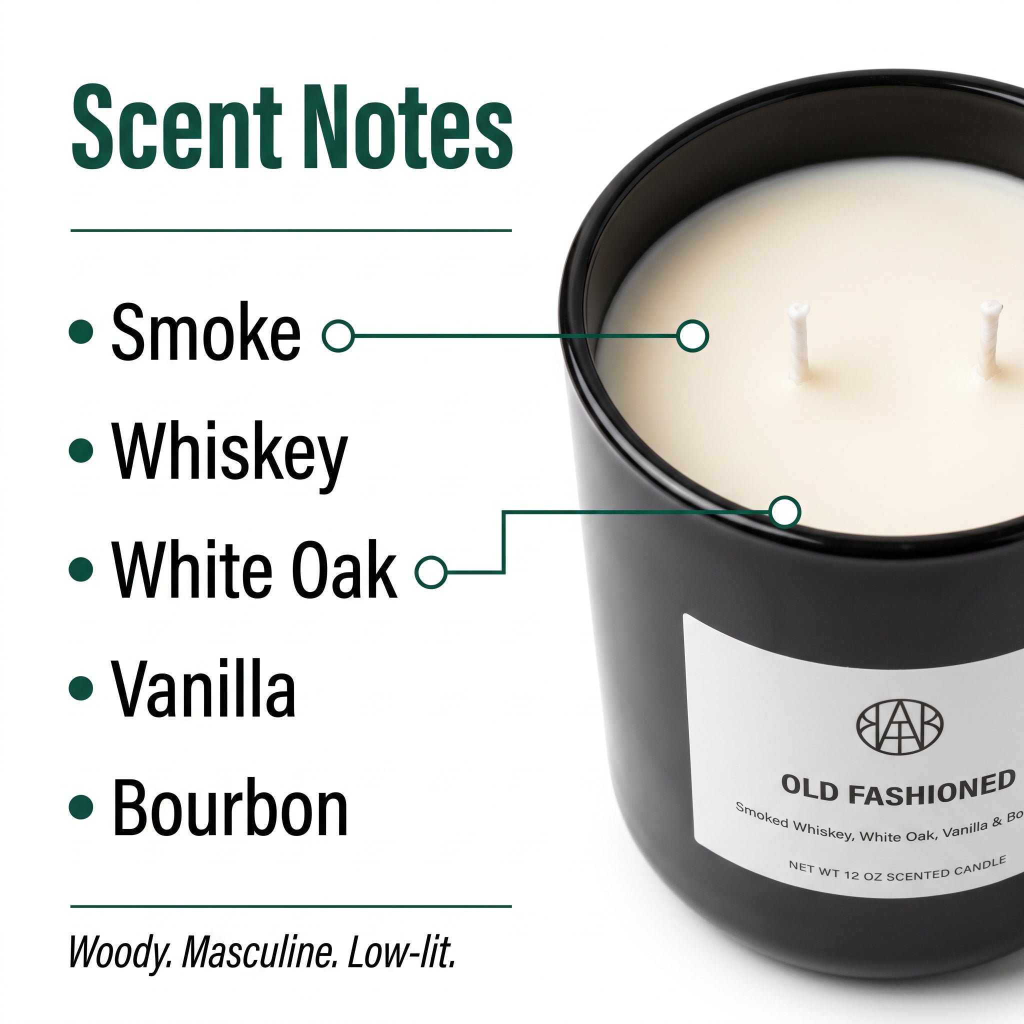 Old Fashioned Candle — Scent Notes — Smoke Whiskey White Oak Vanilla Bourbon — Macro overhead wax and dual cotton wicks