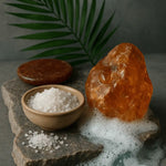 Natural bath salts, amber crystal, and soap with bubbles on stone slab, AEMBR non-toxic home care