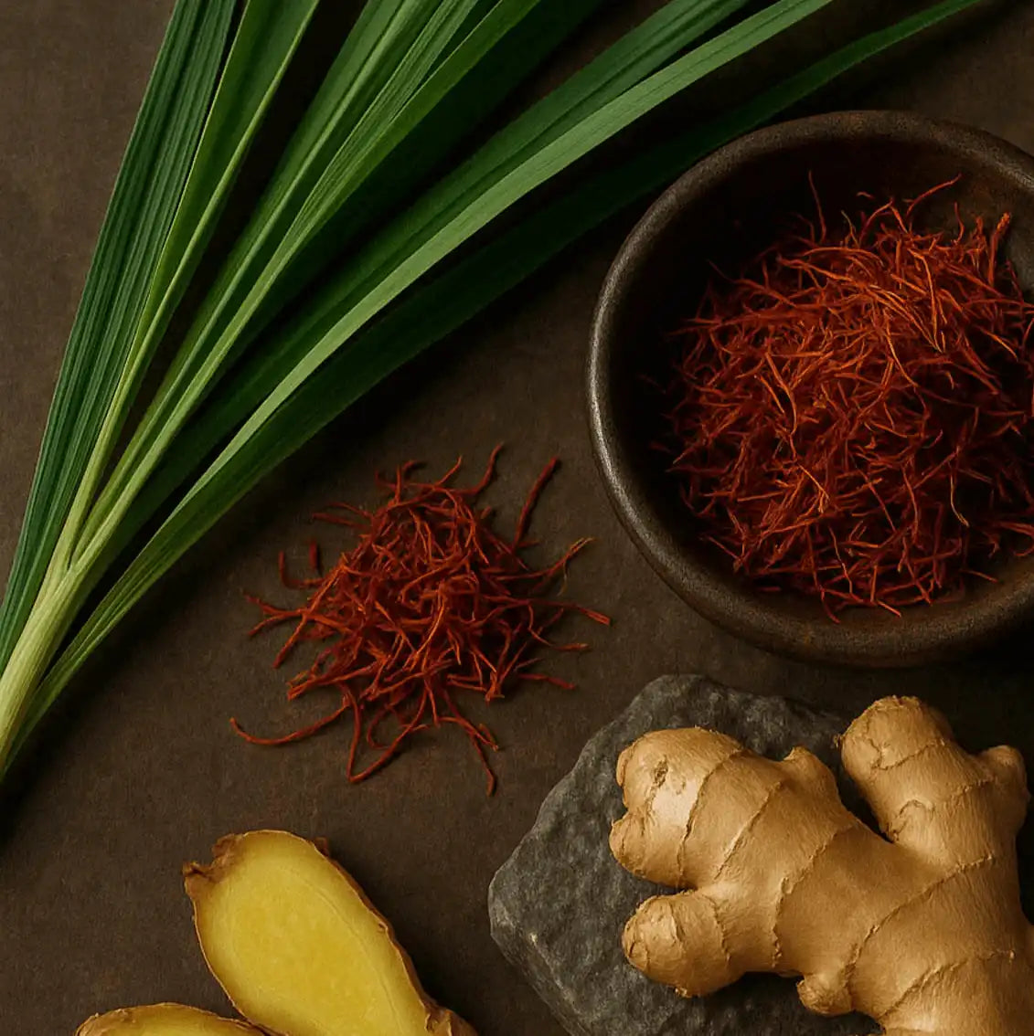 AEMBR natural ingredients including ginger, lemongrass, and saffron on dark background