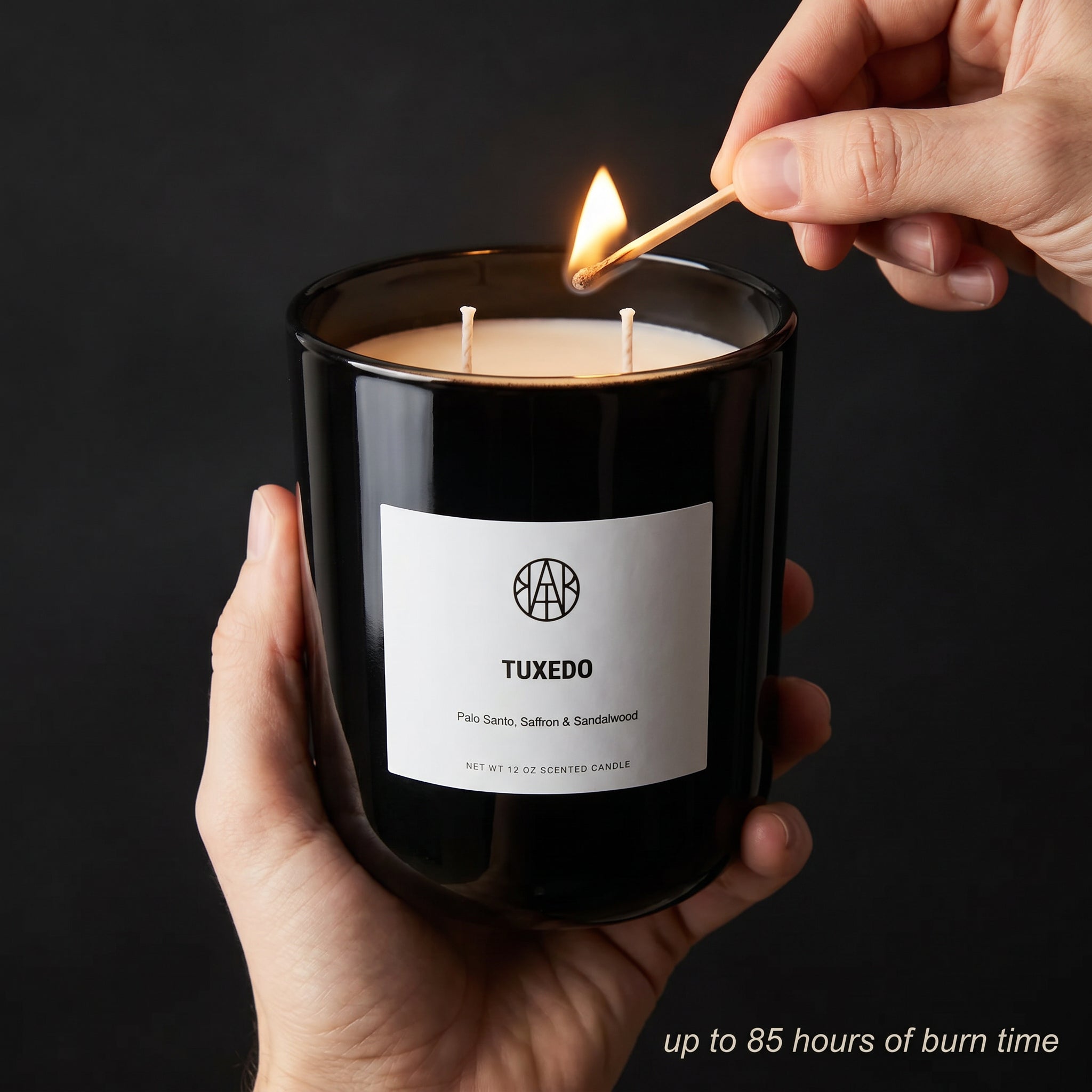 Tuxedo Candle — In-Use Lifestyle — Lighting Two Cotton Wicks with Lit Match — Up to 85 Hours Burn Time