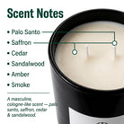 Tuxedo Candle — Scent Notes — Macro Close-Up Wax Surface and Dual Cotton Wicks — Palo Santo Saffron Cedar Sandalwood
