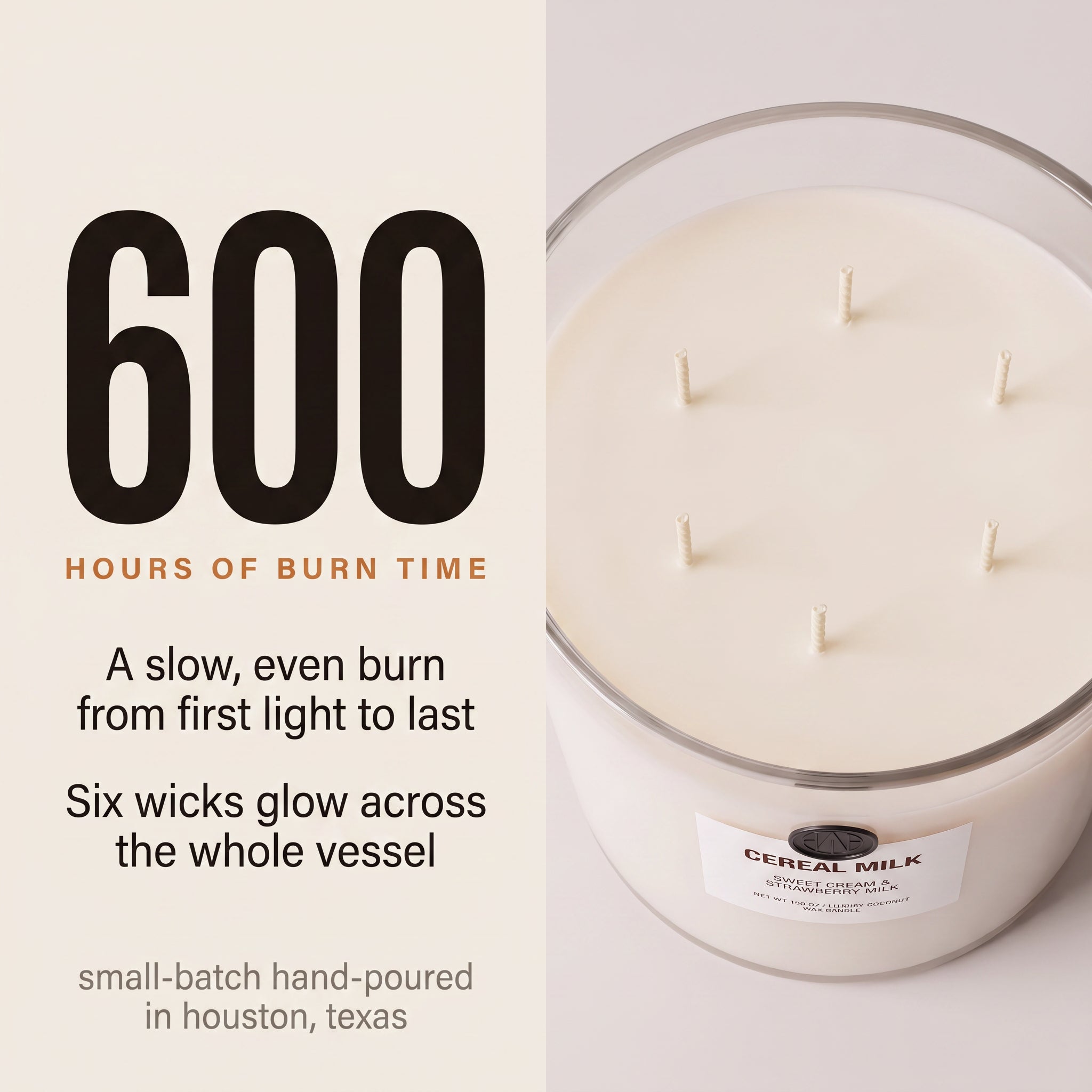 600 hours of burn time — six-wick 150 oz coconut wax Cereal Milk candle