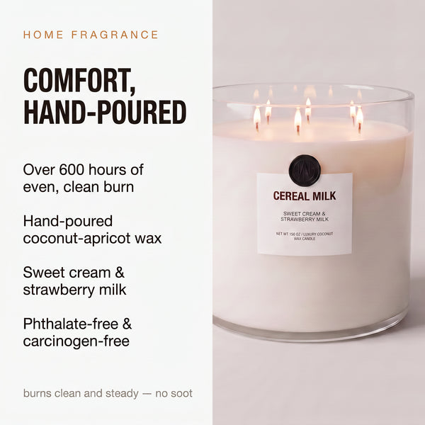 Cereal Milk Valkyrie candle hero — comfort, hand-poured, over 600 hours burn time