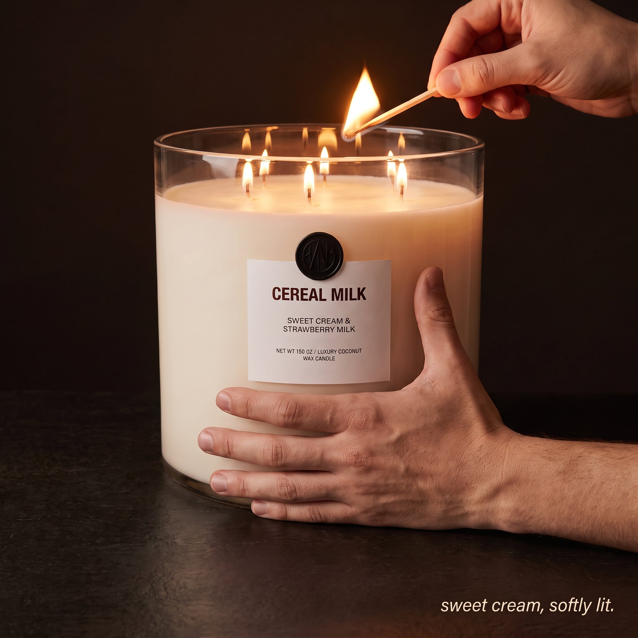 In use — hands lighting the large Cereal Milk Valkyrie candle with a match, warm amber glow