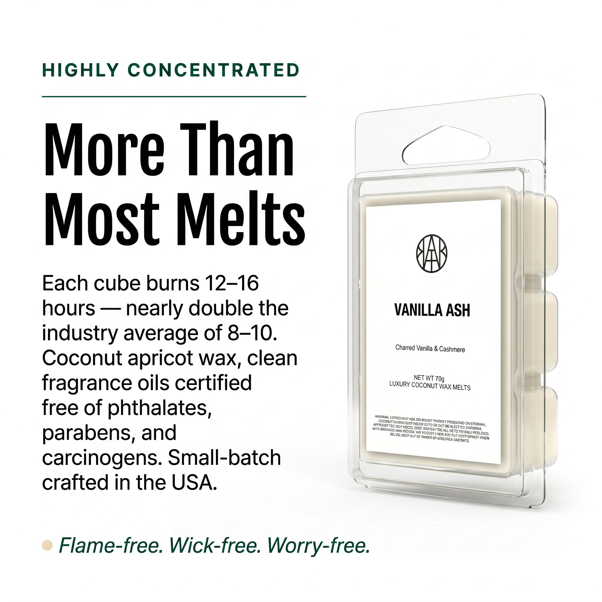 VANILLA ASH Wax Melt highly concentrated — 12–16 hours per cube, coconut apricot wax, USA-made, flame-free