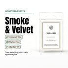 VANILLA ASH Luxury Wax Melts hero overview — Smoke & Velvet, coconut wax, flame-free, 70g