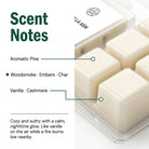 VANILLA ASH Wax Melt scent notes macro — Aromatic Pine, Woodsmoke, Vanilla, Cashmere — callout diagram
