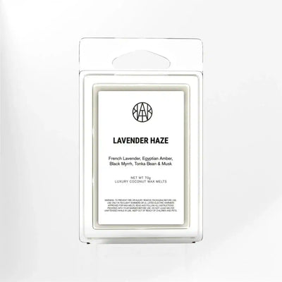 AEMBR Lavender Haze Wax Melts in a clear container, showcasing lavender-colored wax melts with a floral scent.