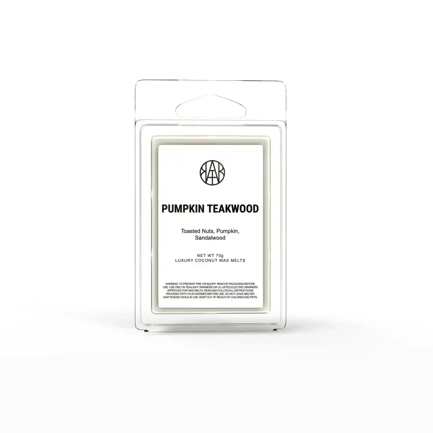 AEMBR Pumpkin Teakwood Wax Melt, warm scented wax melts with pumpkin and teakwood fragrance, in a clear plastic tray.