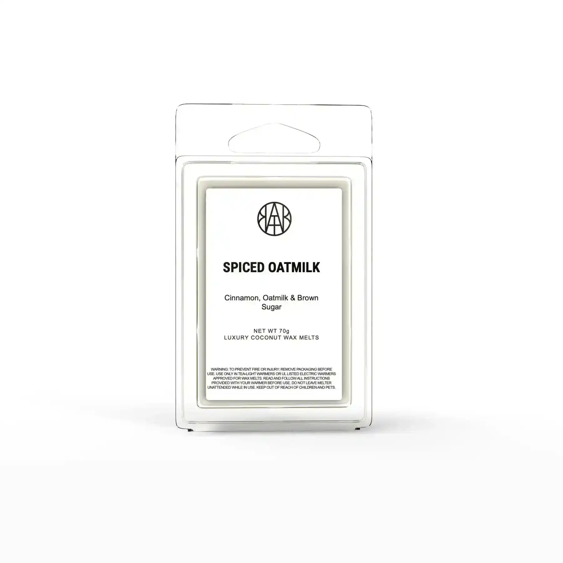 AEMBR Spiced Oatmilk Wax Melts in a clear plastic container, showcasing the warm, creamy scent with a hint of spice.
