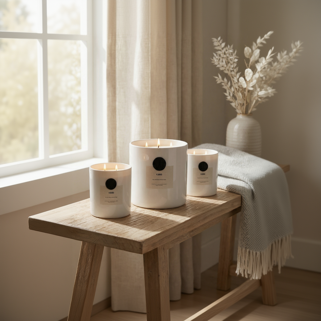 Three white candles with black dots on a wooden table near a window with light curtains.