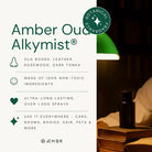AEMBR Amber Oud Alkymist non-toxic botanical fragrance spray bottle on books under a green lamp