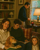 Family reading with dog on sofa near AEMBR autumn candle, cozy home setting