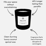 AEMBR Biblio Tek luxury coconut apricot wax candle in black jar, clean-burning, non-toxic, long-lasting.