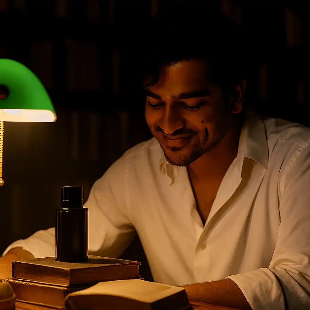 Man reading by green desk lamp with AEMBR non-toxic bottle on books in cozy library