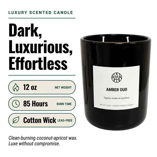 AEMBR Amber Oud candle with a warm, aromatic scent, featuring a sleek, elegant candle design in a glass container.