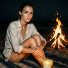 Woman at night on beach sitting by bonfire and AEMBR candle, cozy summer outdoor scene