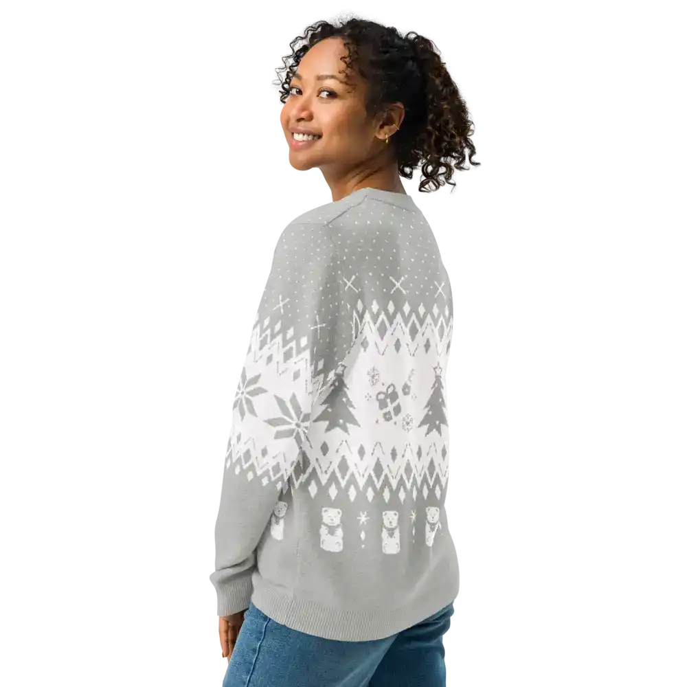 AEMBR classic fit gray knitted crew neck sweater with winter pattern, modeled from the back.