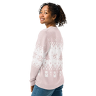 AEMBR classic fit knitted crew neck sweater with festive pink and white pattern, worn by woman