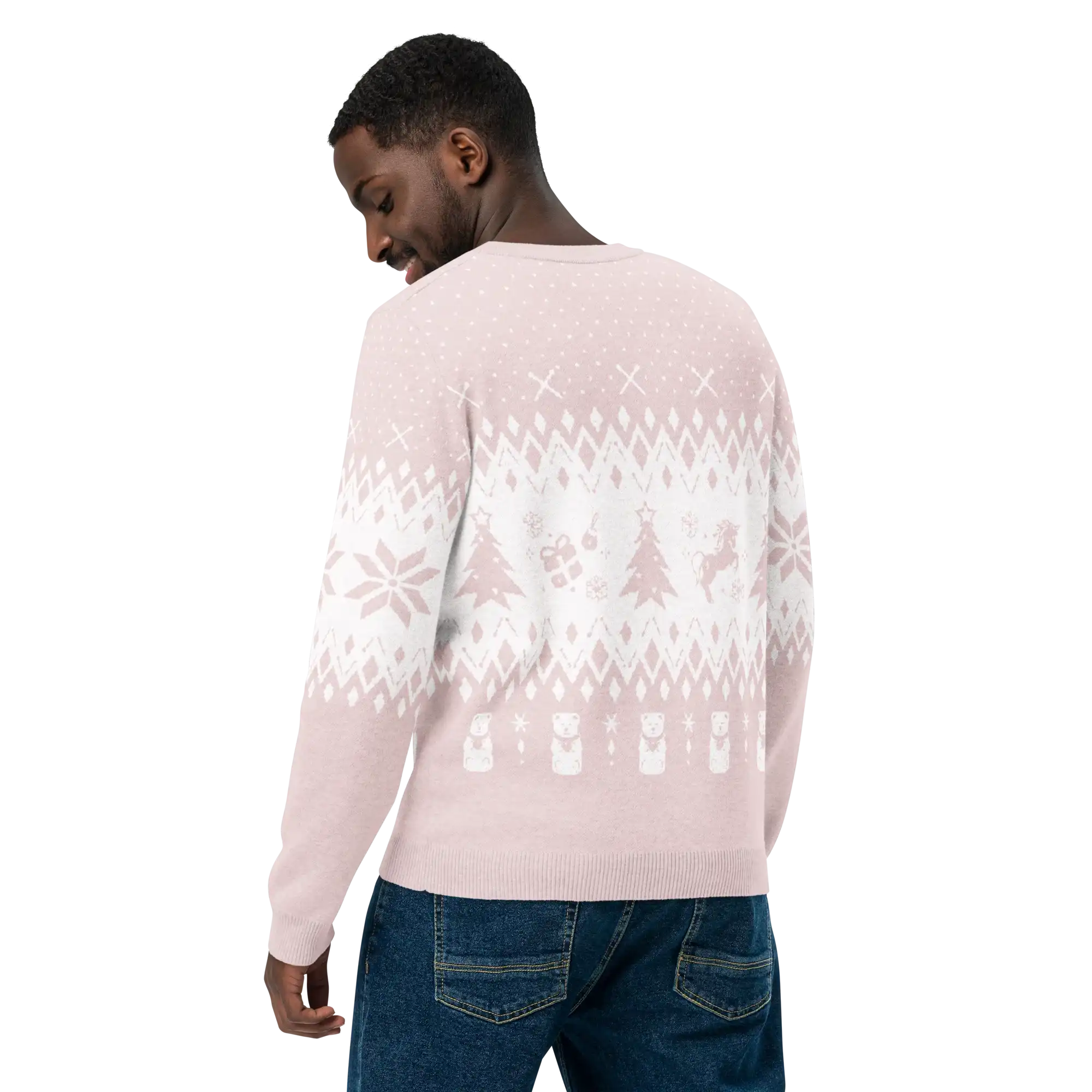 AEMBR classic fit men's pink crew neck sweater with white holiday knit pattern, back view