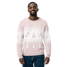 AEMBR classic fit knitted crew neck sweater in light pink with white holiday pattern, worn by man