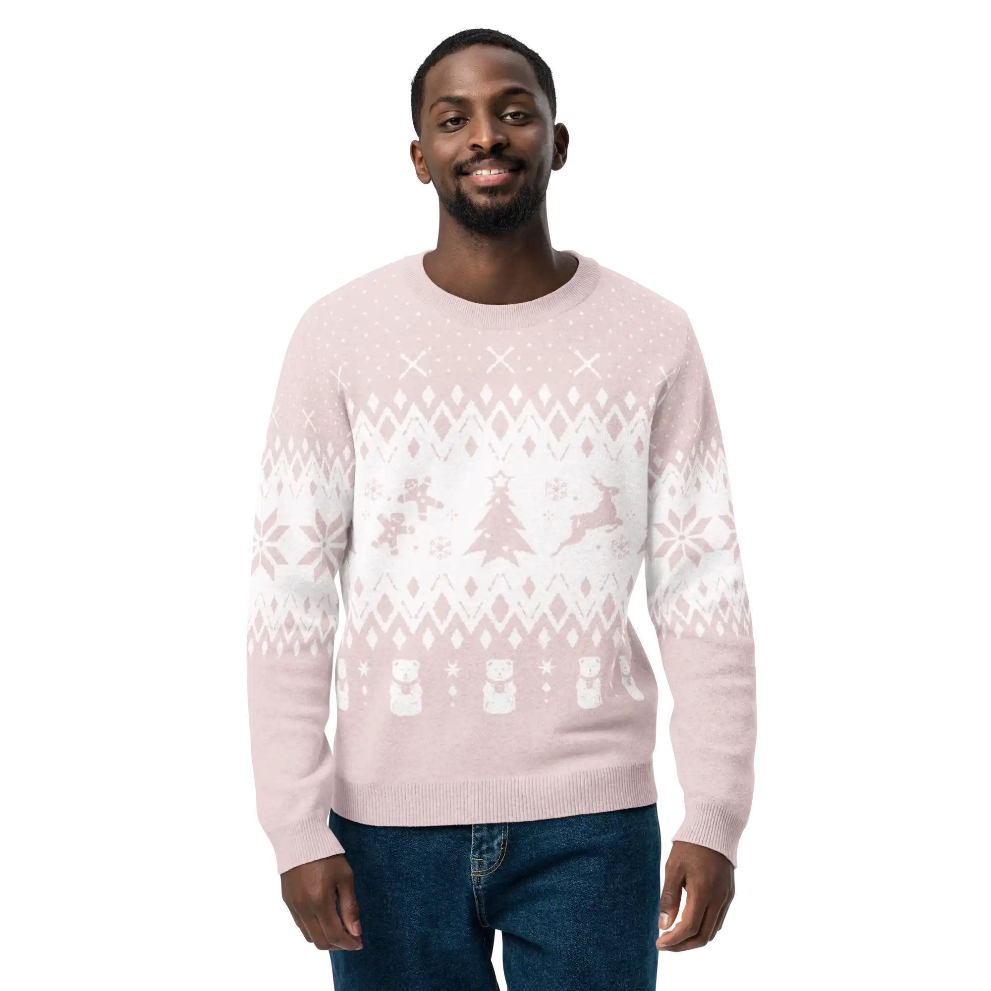 AEMBR classic fit knitted crew neck sweater in light pink with white holiday pattern, worn by man